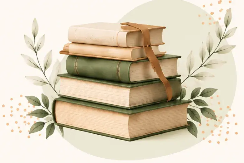 Стопка книг психологов и нейропсихологов с закладкой и ветками